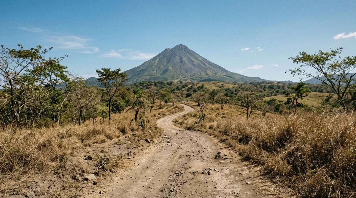 Sunlit dry-season trail through grass and scattered trees with the volcano clear behind in La Fortuna, Costa Rica