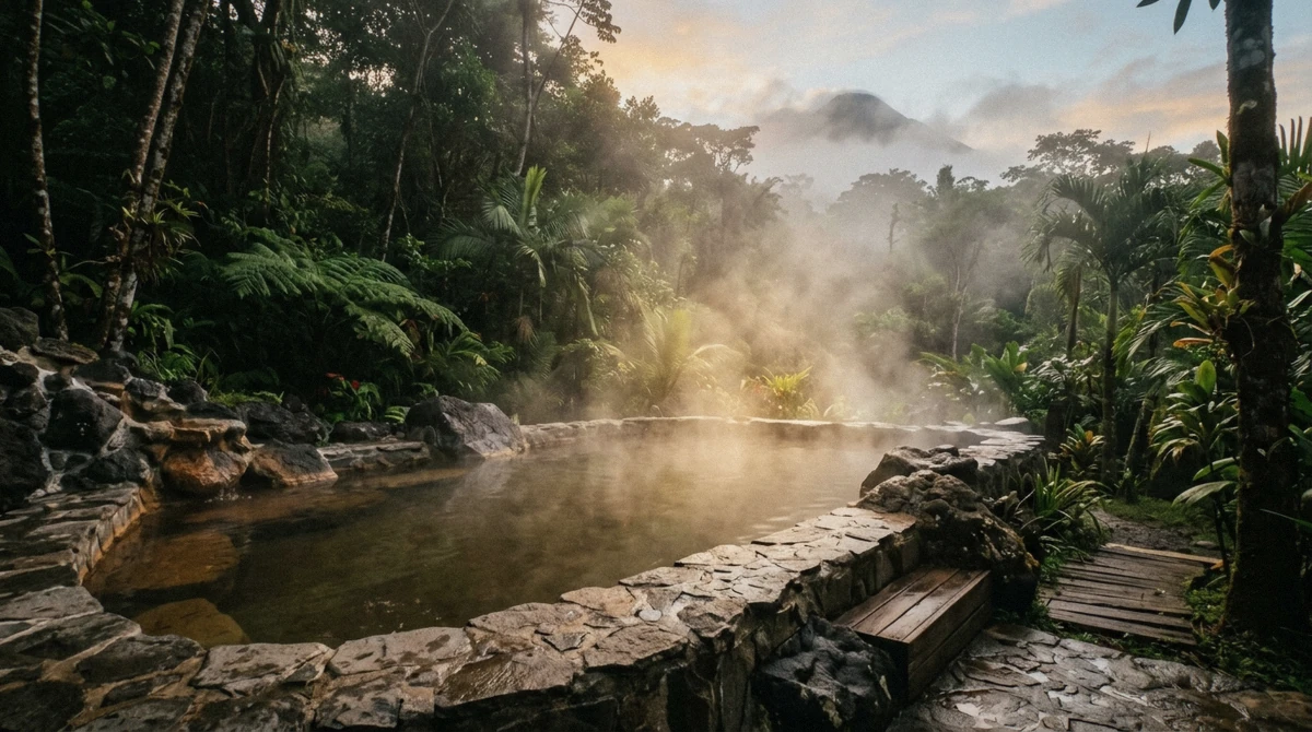Golden morning light cutting through thick steam over a thermal pool in La Fortuna, Costa Rica
