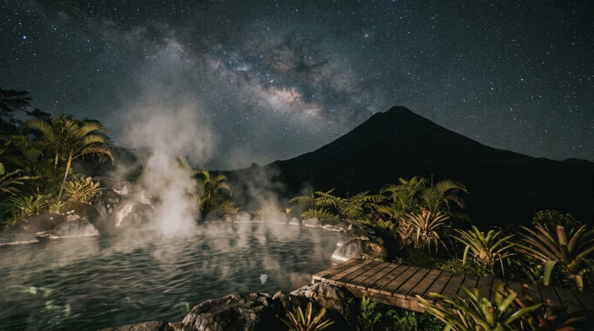 Steaming thermal pool under a starry sky with a volcano silhouette in La Fortuna, Costa Rica