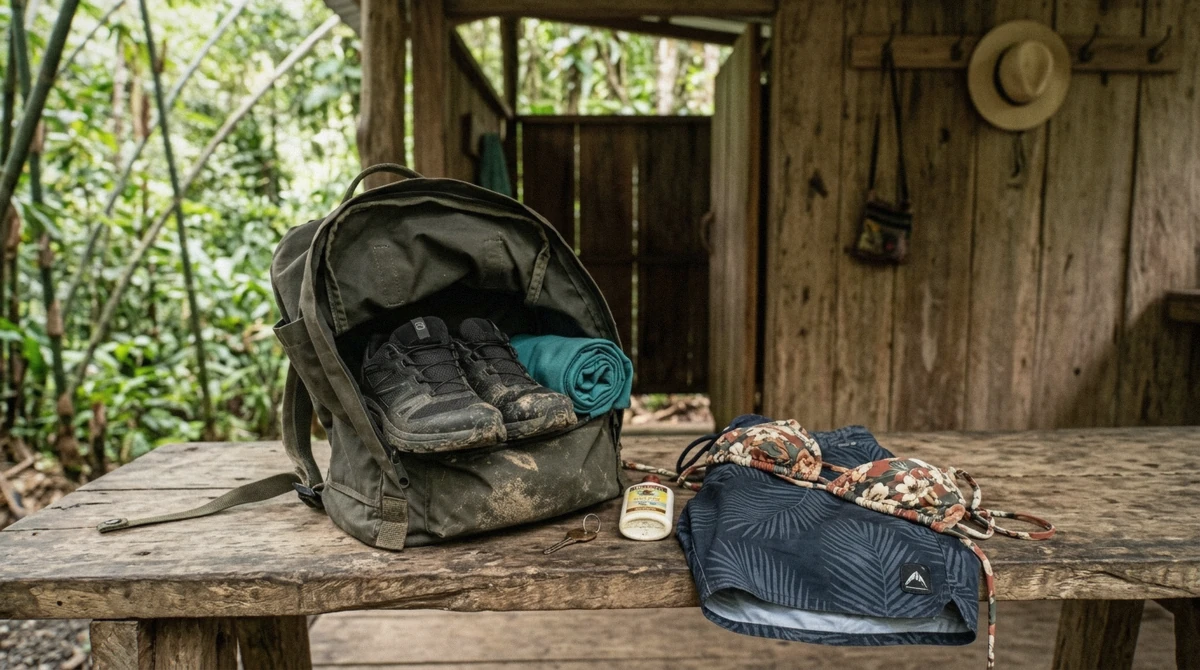 Open backpack with water shoes, rolled towel and swimwear laid on a wooden bench at a La Fortuna hot springs changing room