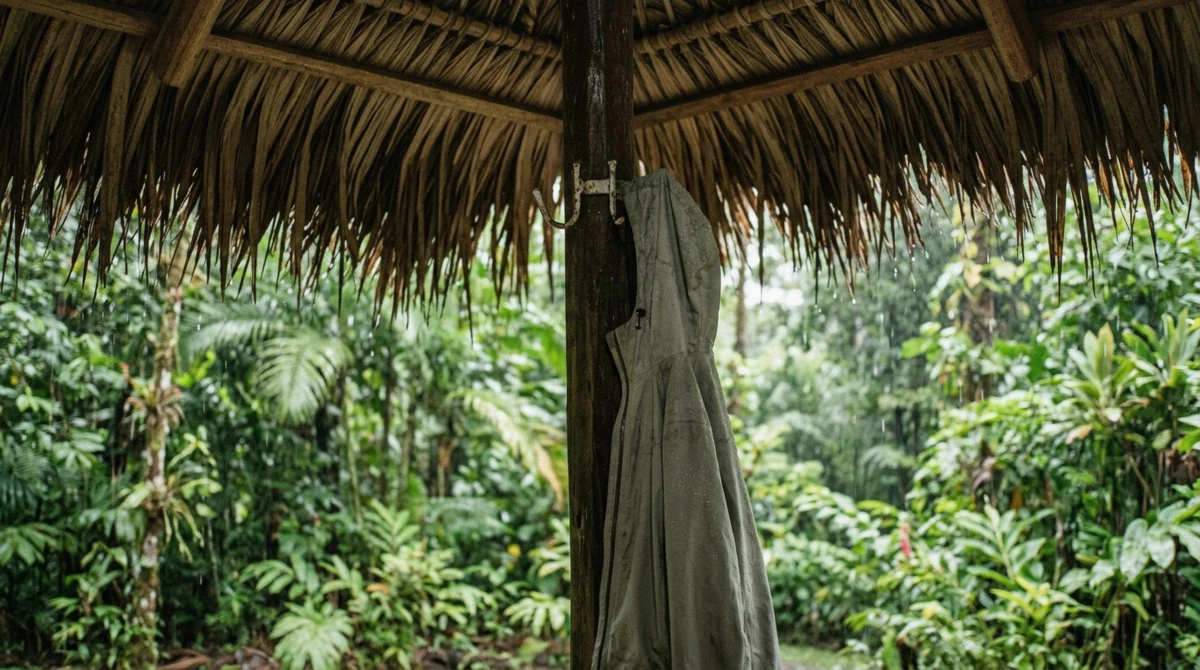 Light rain jacket on a hook under a thatched roof with drizzle on green jungle behind in La Fortuna, Costa Rica