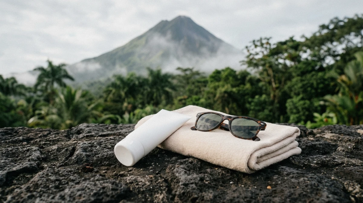 White sunscreen tube beside a folded towel and sunglasses on volcanic stone at a La Fortuna hot springs