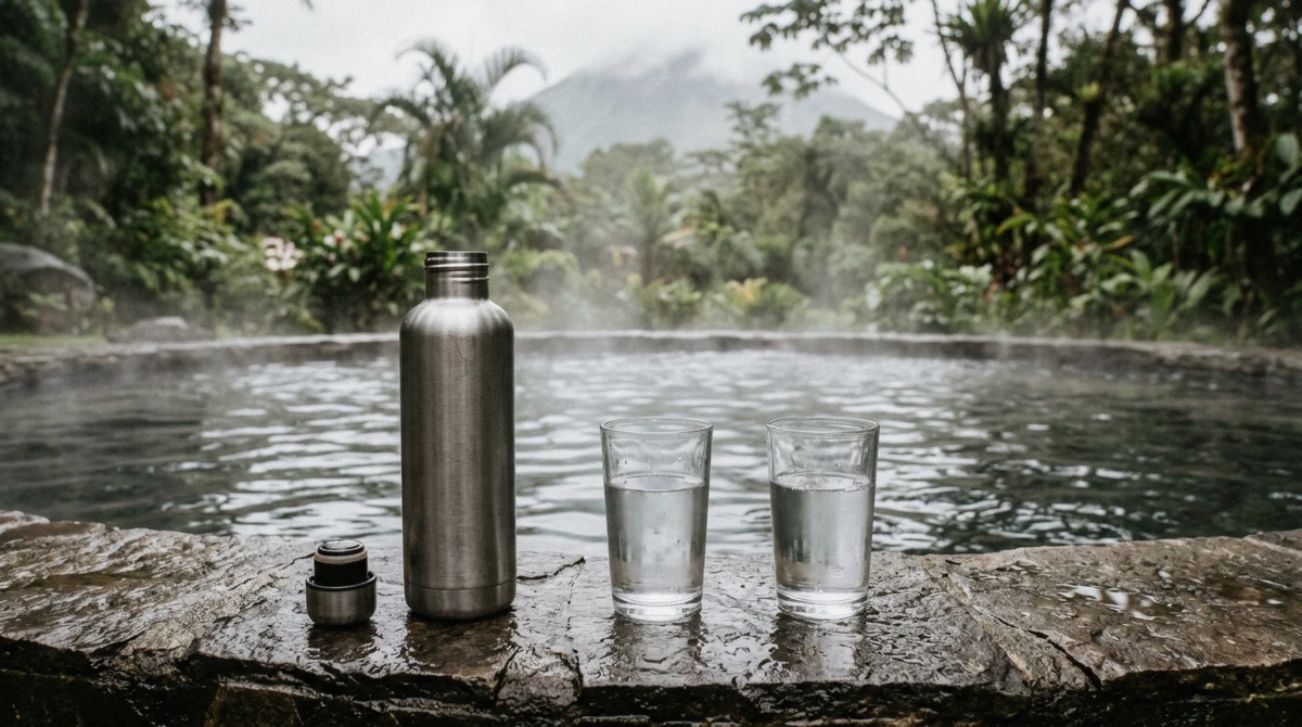 Reusable water bottle and glasses on a pool ledge with steam rising from the water behind