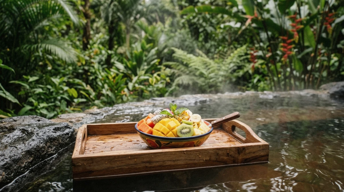 Fruit cocktail on a tray at the edge of steaming thermal water near La Fortuna, Costa Rica