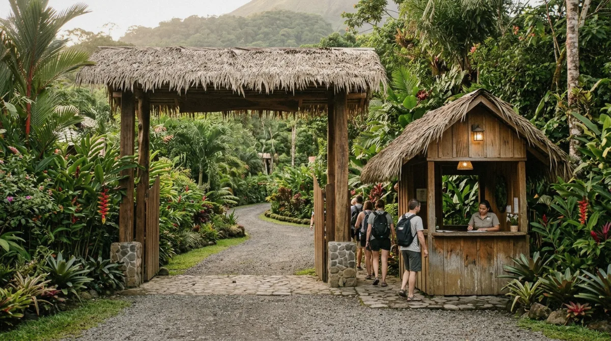 Resort entrance gate with tropical planting and a small reception kiosk near La Fortuna, Costa Rica