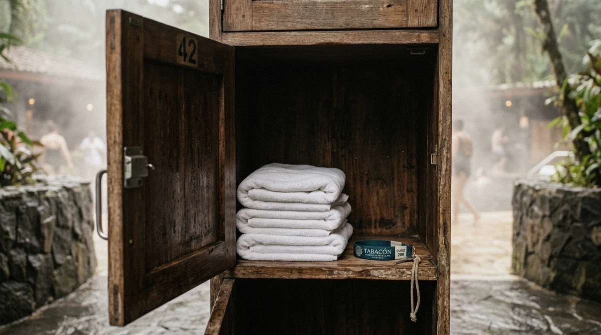 Open wooden locker with folded white towels and a wristband on the shelf at a La Fortuna hot springs resort