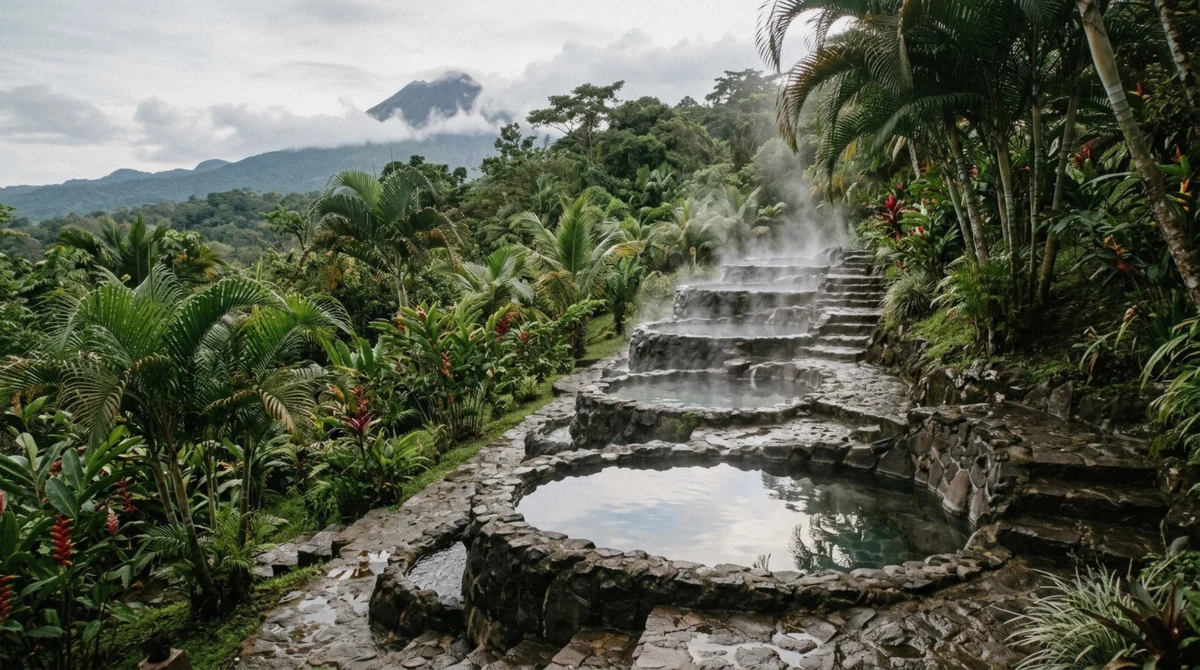 Row of stepped thermal pools under palms with steam rising at a resort near La Fortuna, Costa Rica