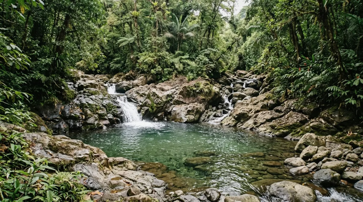 Clear freshwater swimming hole at the base of a rocky river channel with a small cascade in La Fortuna, Costa Rica