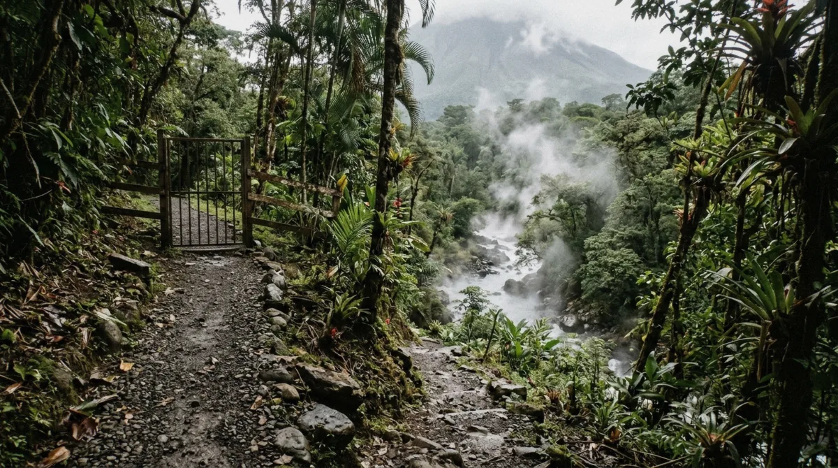 Narrow gravel path descending through trees toward a steaming river on the roadside near La Fortuna, Costa Rica