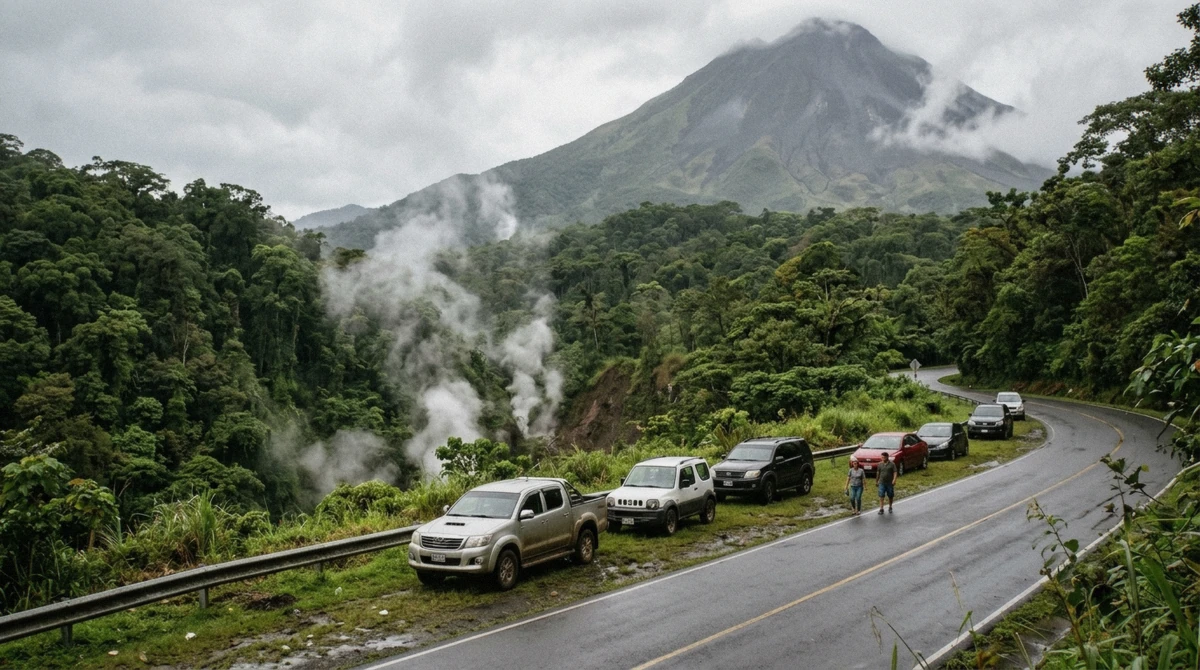 Cars parked informally on a green roadside shoulder near forest with steam visible below the road in La Fortuna, Costa Rica
