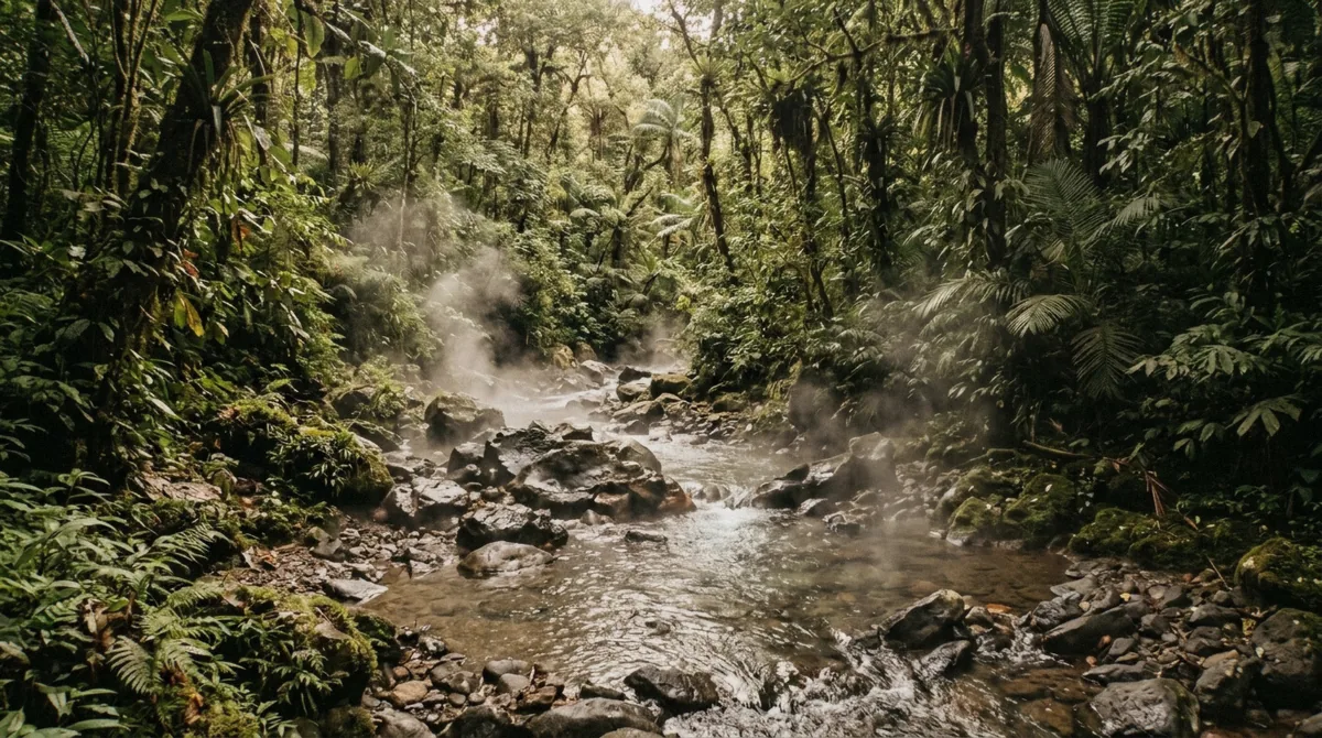 Natural thermal river steaming through rainforest near La Fortuna on the arenal hot springs comparison catalog
