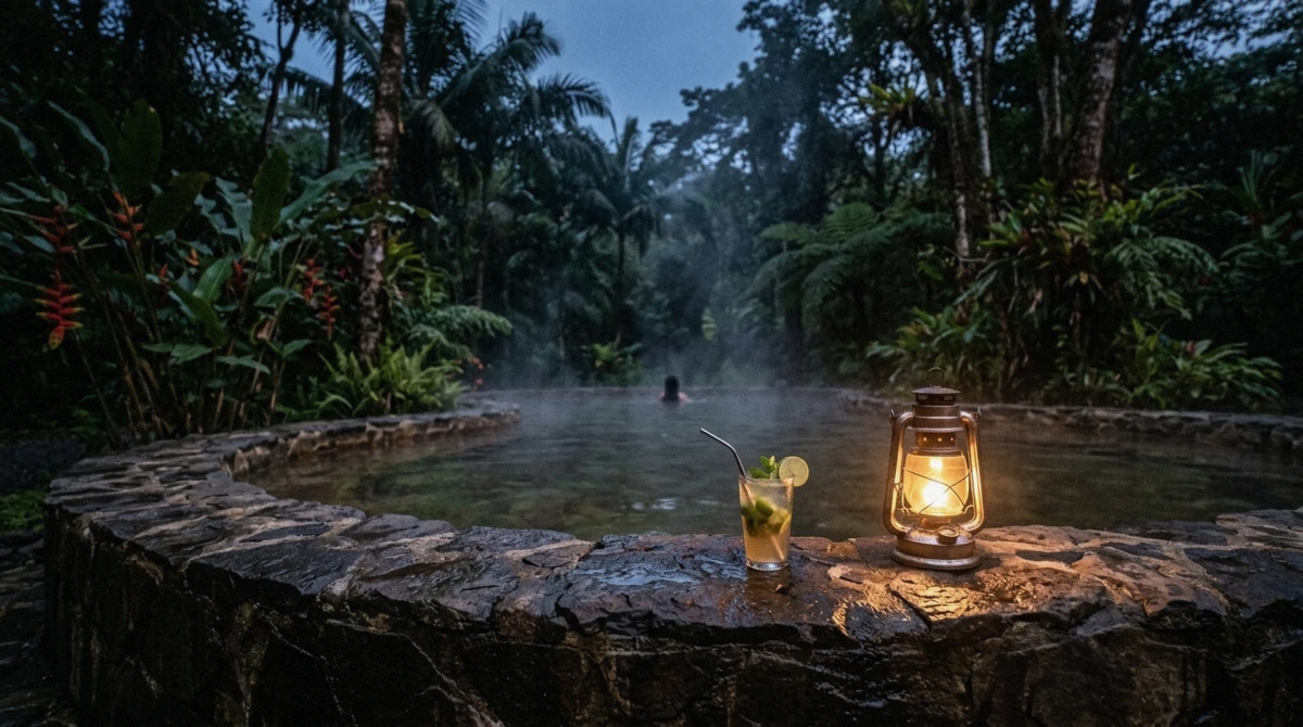 Steam rising off a hot spring pool at dusk with a cocktail on the edge on the arenal volcano hot springs day tour