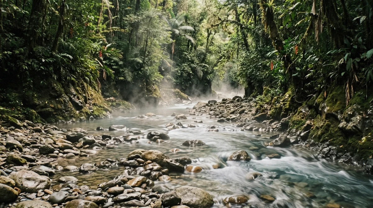 Rocky thermal river with clear water and steam running through rainforest at the Pura Vida hot springs in La Fortuna