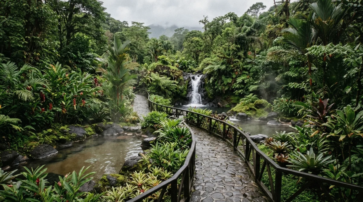Paved rainforest path winding between pools at Ecotermales hot springs near La Fortuna
