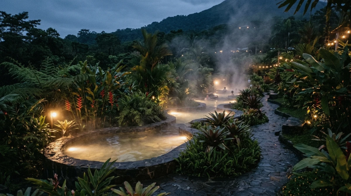 Resort thermal pools glowing under evening lights late into the night at the Baldi hot springs day pass