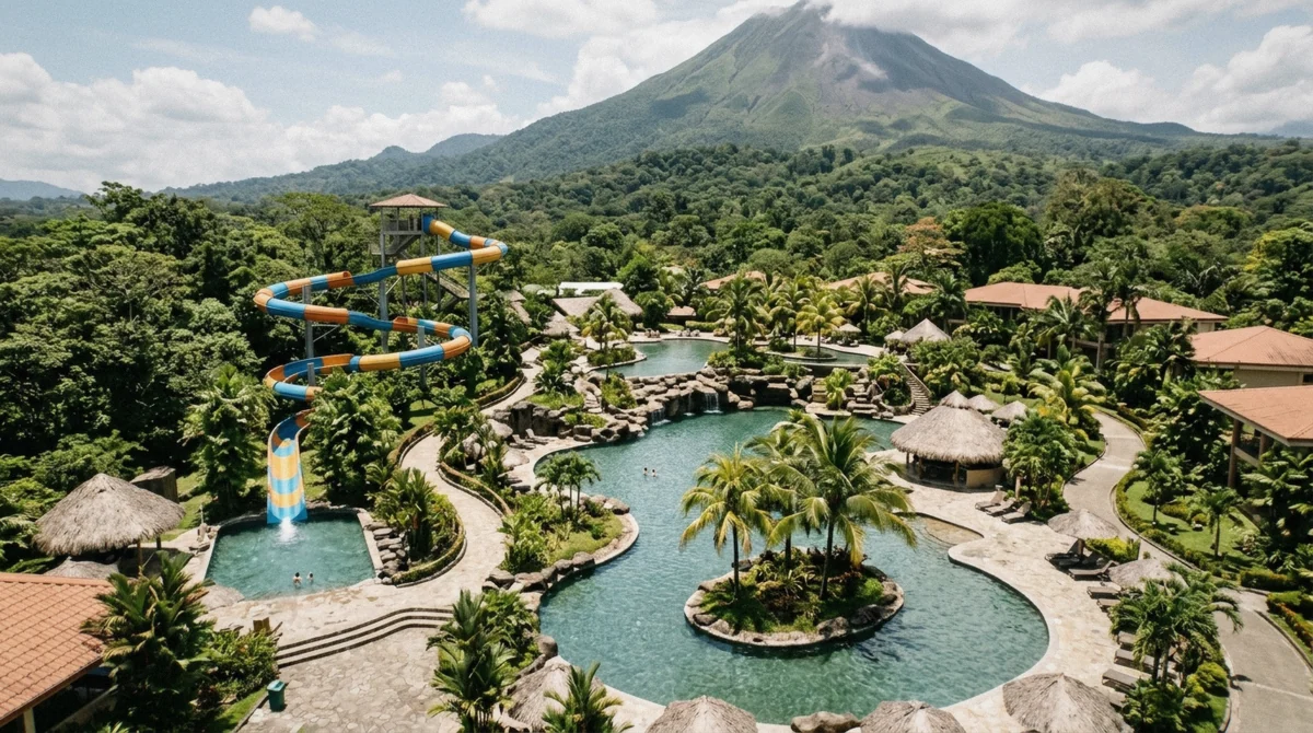 Large resort pool complex with a tall water slide at the Baldi hot springs day pass in La Fortuna