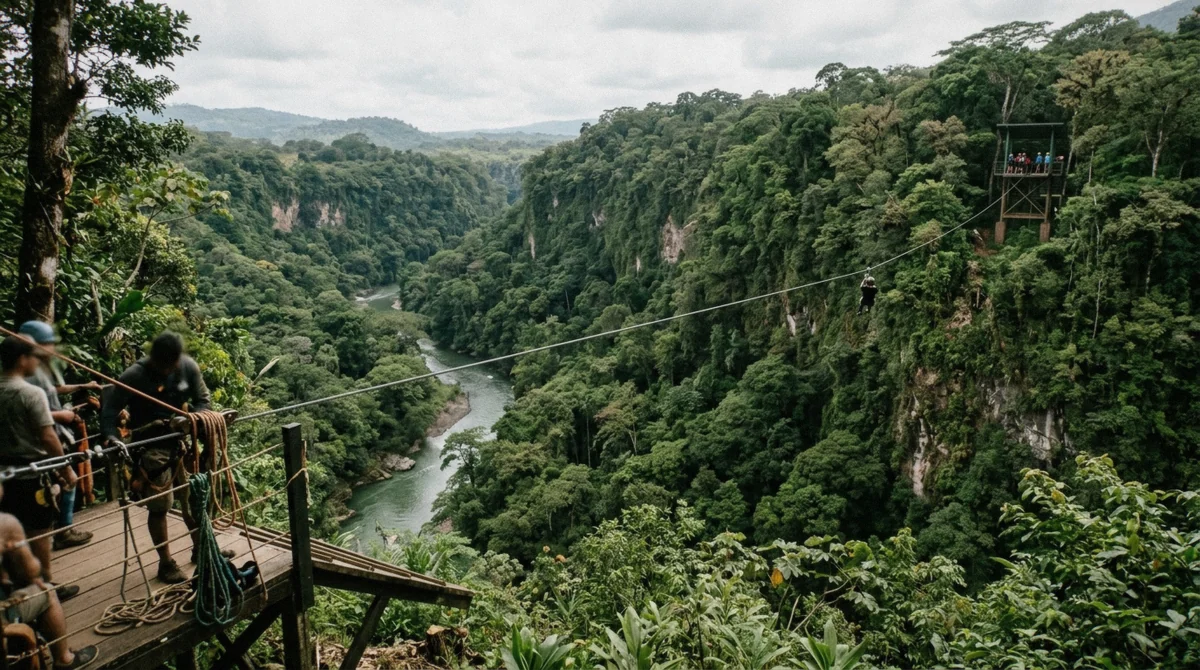 Zip line cable stretching across a green river canyon on the La Fortuna zip line and thermal pools combo