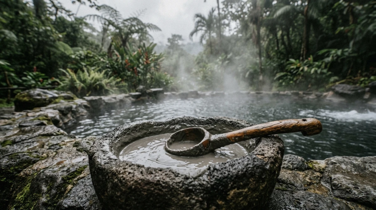 Stone basin of volcanic mud beside a thermal pool on the La Fortuna zip line and hot springs combo