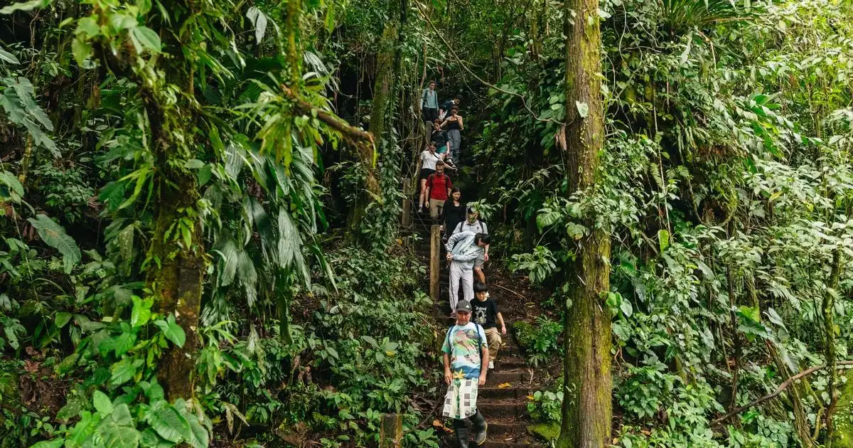 Guided group hiking the trail to La Fortuna Waterfall on a waterfall, volcano and hot springs day tour in Costa Rica