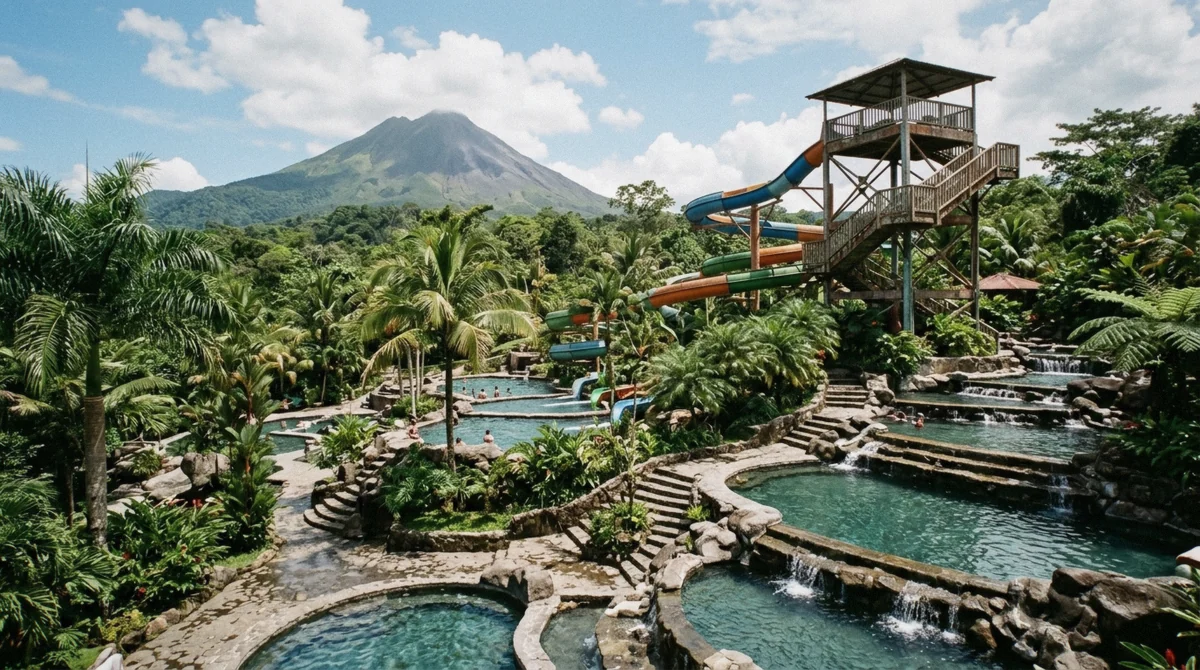 Tall water slide structure over a large stepped pool complex with palms in La Fortuna, Costa Rica