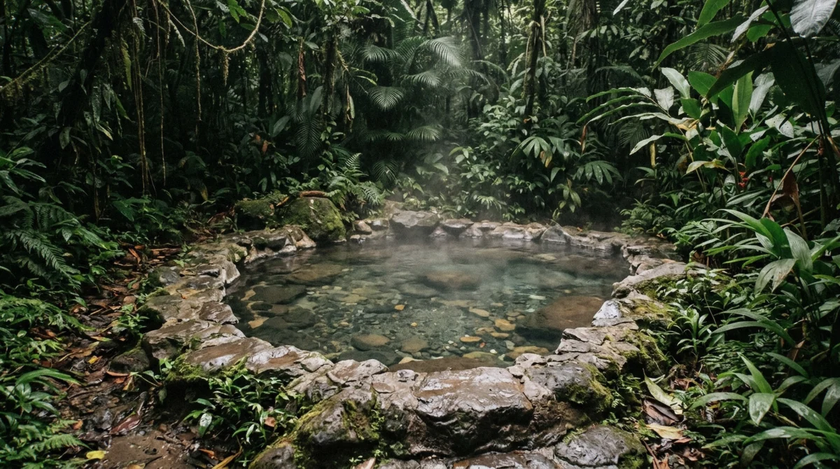 One small quiet thermal pool under dense shade with clear steaming water near La Fortuna, Costa Rica