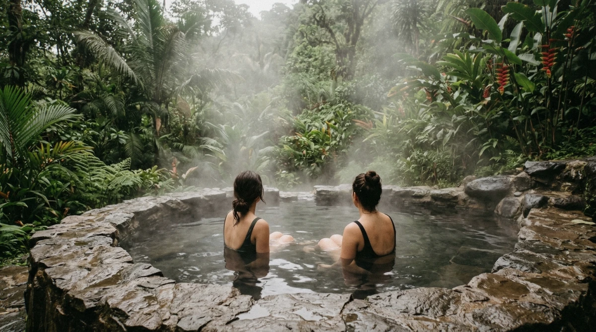 Two travellers soaking in a warm stone pool seen from behind at a La Fortuna hot springs garden in Costa Rica