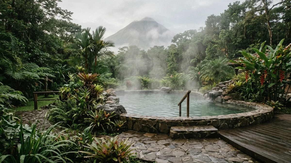Steam rising off an empty thermal pool with the volcano in soft view at a La Fortuna hot springs garden in Costa Rica